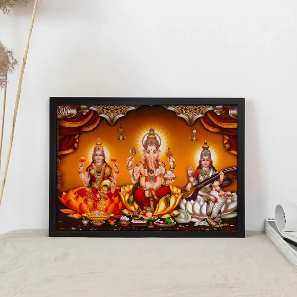 Divine Trio – Ganesha, Lakshmi & Saraswati for Diwali Blessings – 14 x 21 Inch
